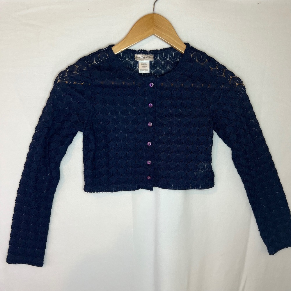 Emily West Girls Navy Blue Lace Cropped Cardigan Button Front Size 12
